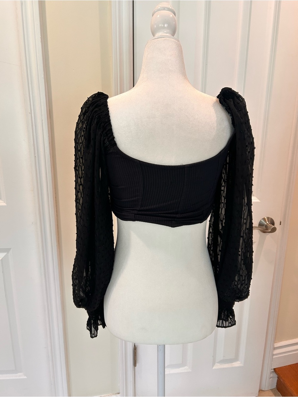 Urban Outfitters Black Ribbed Crop Top Sheer Swiss Dot Puff Sleeve - Picture 5 of 5
